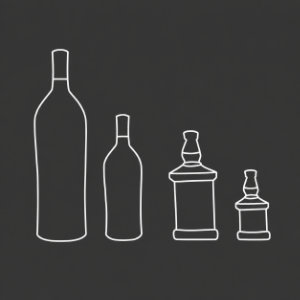 Illustration des tailles de bouteilles de la cave, de gauche à droite : magnum, bouteille classique, spiritueux classique, petit flacon de spiritueux